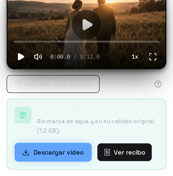 Vista del cliente con datos de ejemplo tras pagar: el video sin marca de agua y el aviso Tu video está listo para descargar, con Descargar video y Ver recibo.
