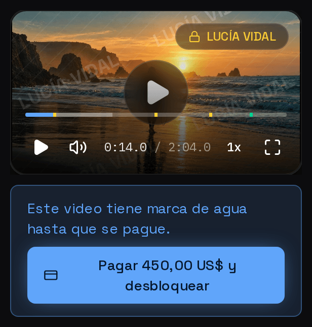 La revisión que ve tu cliente, con datos de ejemplo: el video lleva la marca de agua LUCÍA VIDAL, está en el segundo 0:14 del comentario de Marta y debajo aparece el botón para pagar y desbloquear.